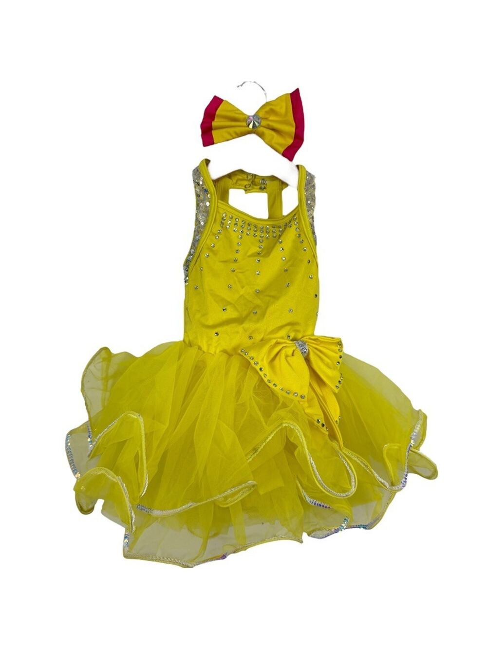 Weissman Yellow Rhinestone Sequin Tulle Dance Costume Dress & Hair Bow sz XS C